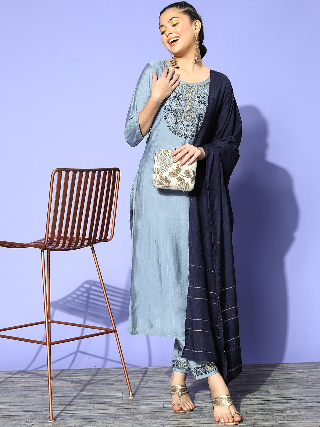 Viscose Rayon Skyblue Embroidery Kurta Set With Dupatta Set