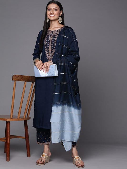 Rayon Slub Embroidery Kurta Set With Hand Dyed Dupatta