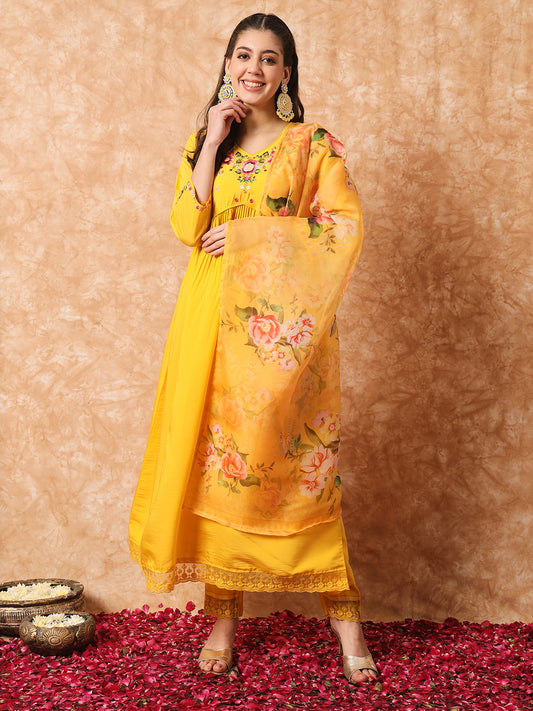 Viscose Rayon Embroidery Work Kurta Set With Dupatta