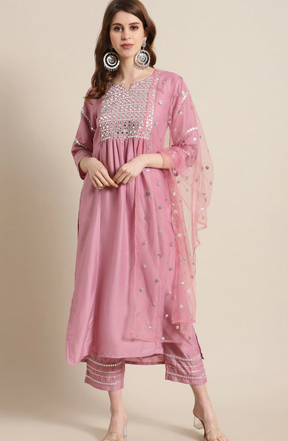 Rayon Slub Embroidered Kurta Set With Dupatta