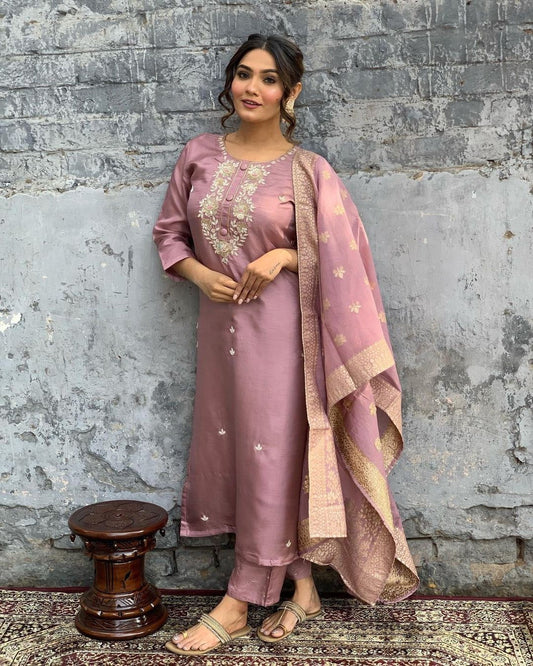 Viscose Chanderi Wine Embroidery Kurta Set With Dupatta