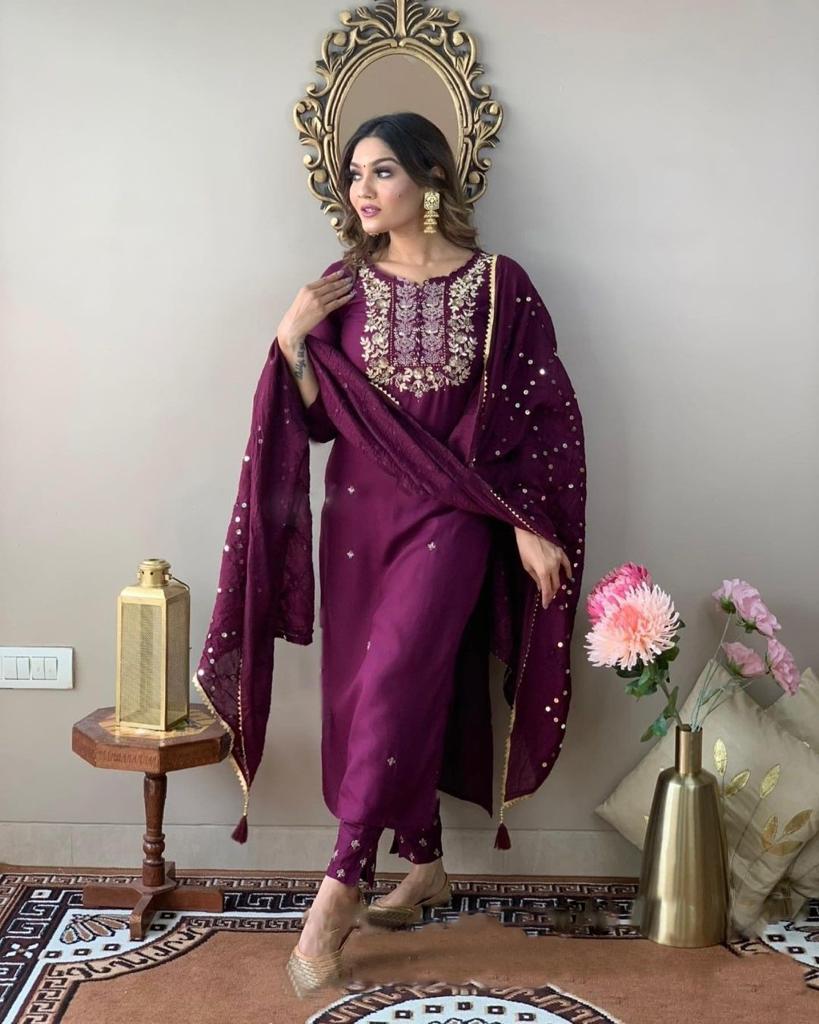 Rayon Slub Sequence Embroidery Kurta Set With Dupatta Set