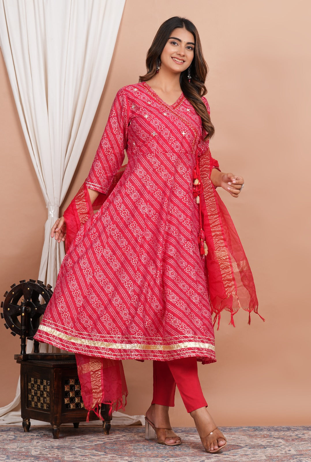 Chanderi Angrakha Embroidery Mirror Worked Kurta Set