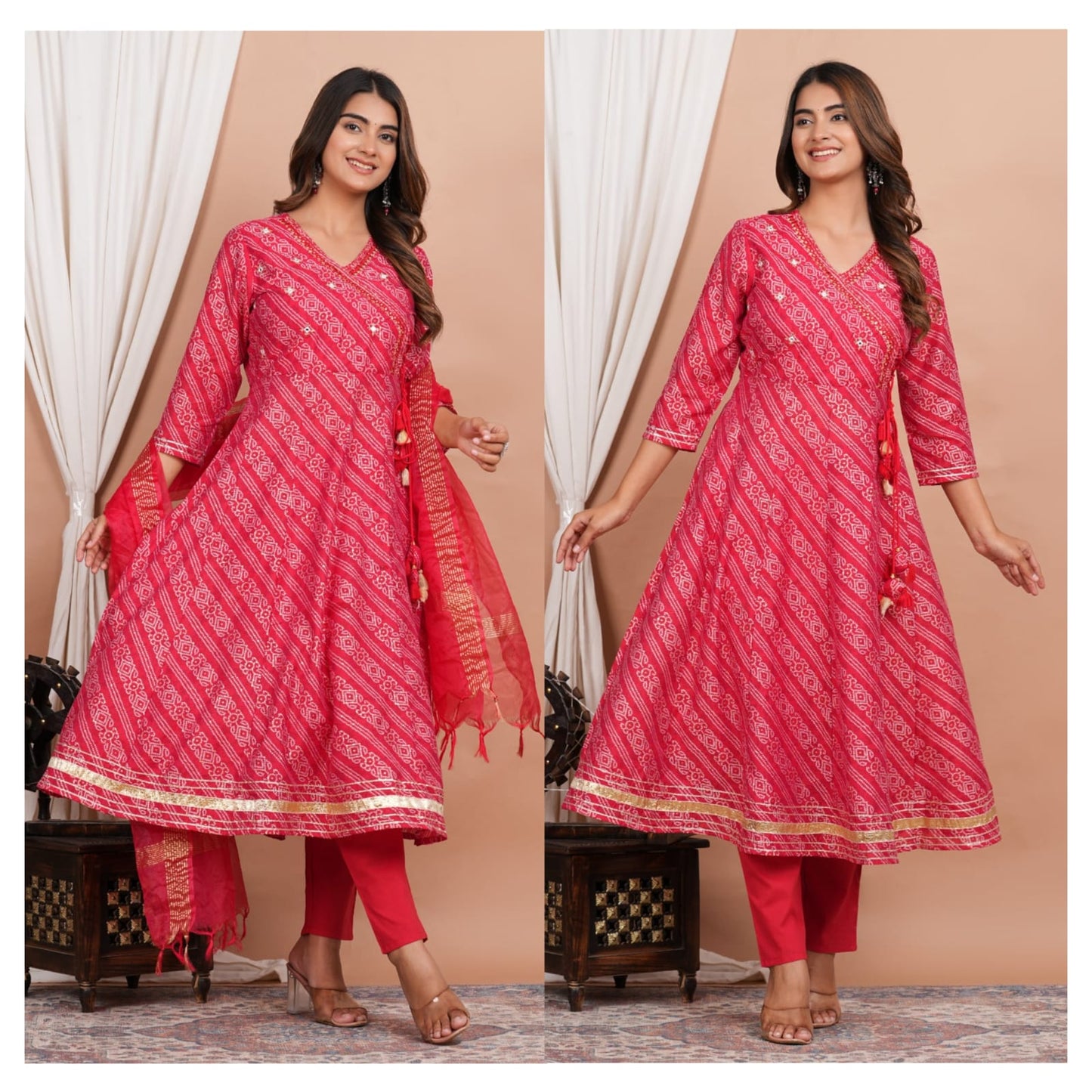 Chanderi Angrakha Embroidery Mirror Worked Kurta Set