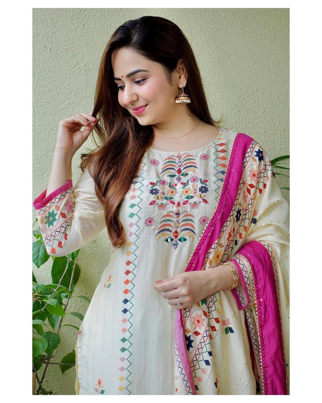 Printed-Embroidered Muslin Kurti With Sequence Dupatta Set