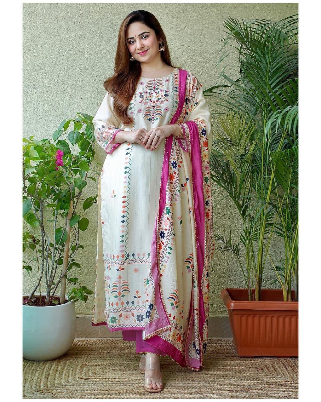 Printed-Embroidered Muslin Kurti With Sequence Dupatta Set