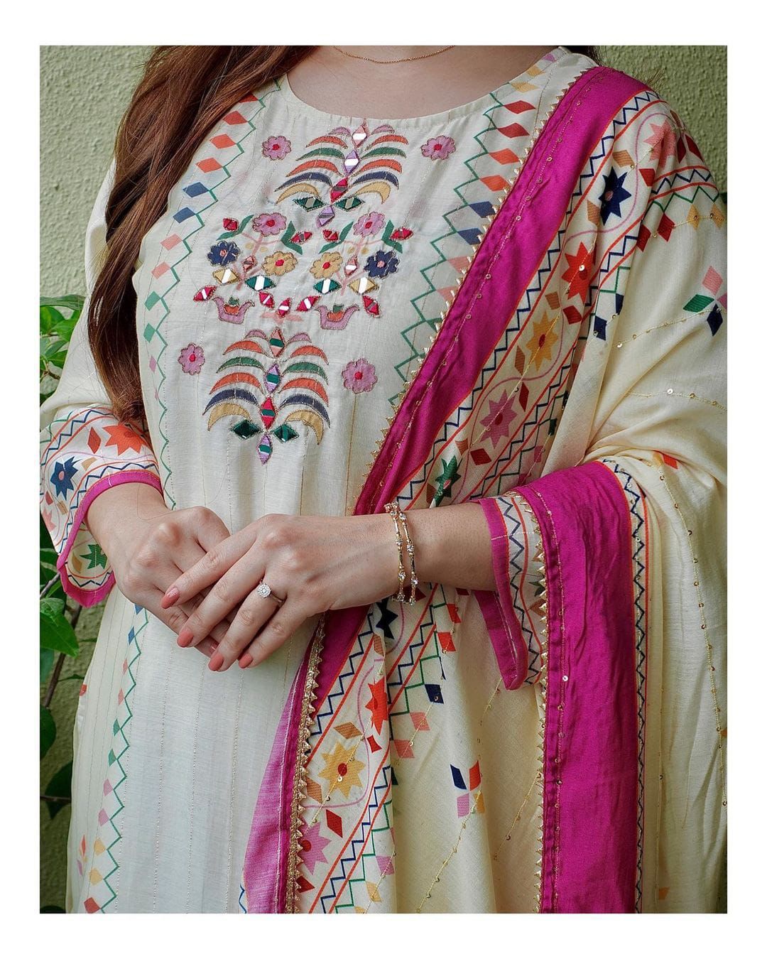 Printed-Embroidered Muslin Kurti With Sequence Dupatta Set