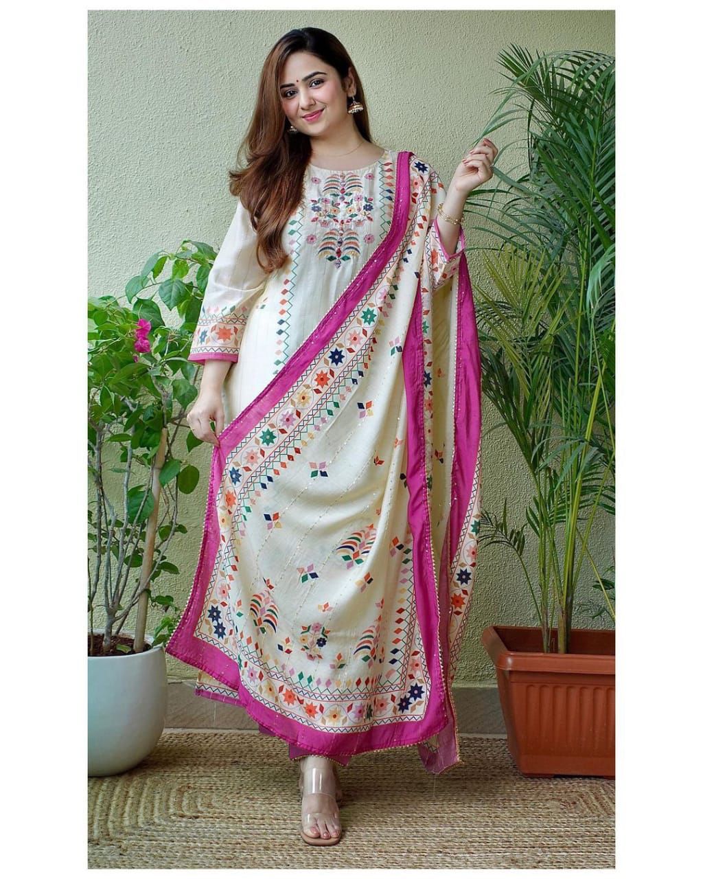 Printed-Embroidered Muslin Kurti With Sequence Dupatta Set
