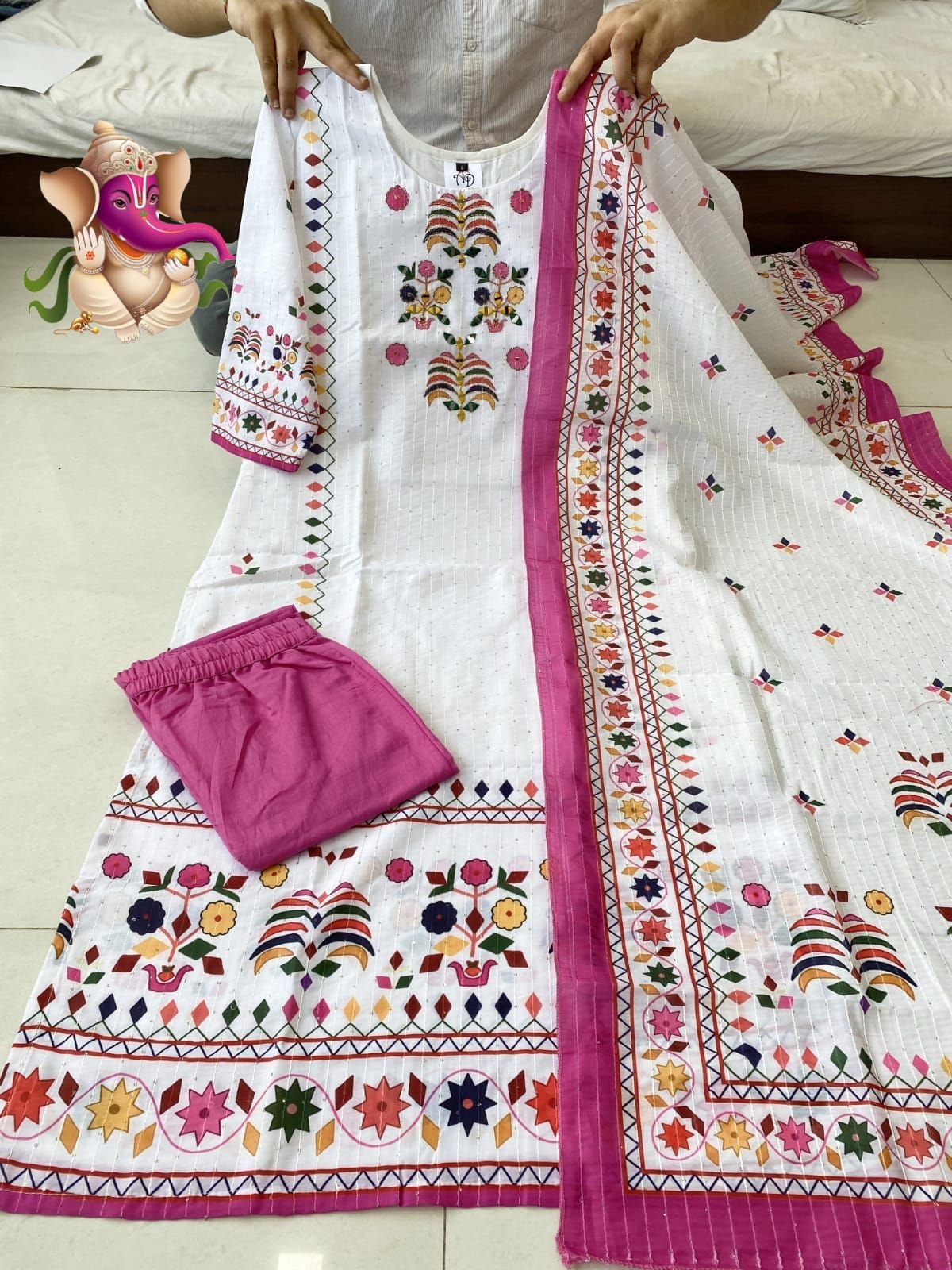 Printed-Embroidered Muslin Kurti With Sequence Dupatta Set