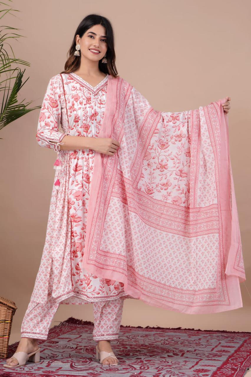 Floral Afghani Embroidery Suit With Dupatta Set