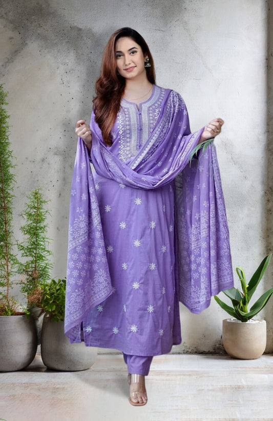 Cotton Lavender Kurti With Dupatta Set