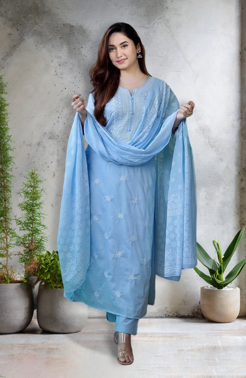 Cotton Sky Blue Kurti With Dupatta Set