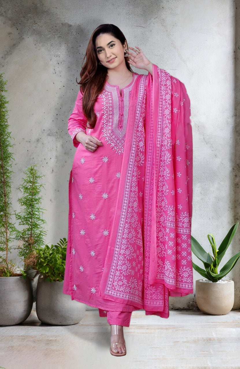 Pink A-Line Kurta With Pant and Dupatta (3 Nos in 1 Set)