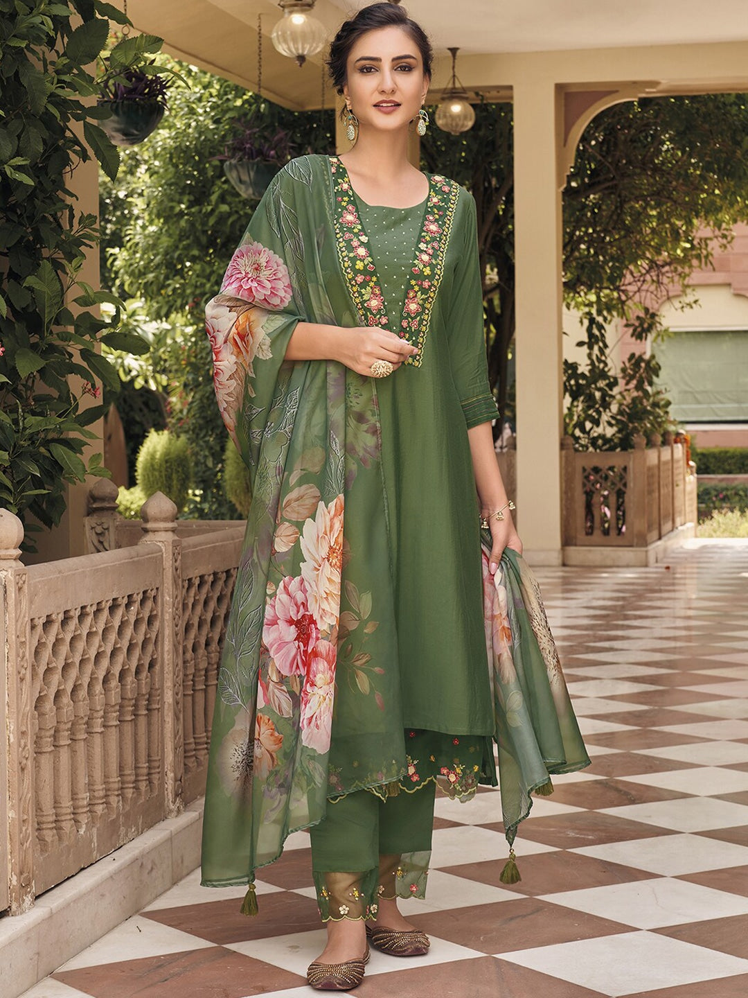 Viscose Rayon Embroidered Kurta With Printed Dupatta Set