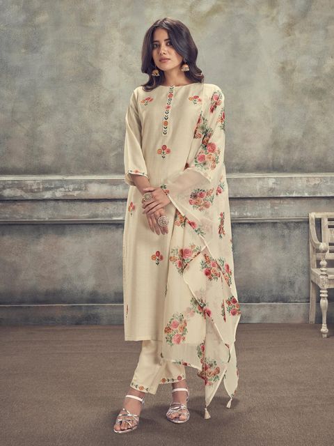 Viscose Rayon Slub Cream Embroidery Kurta Set With Printed Dupatta Set