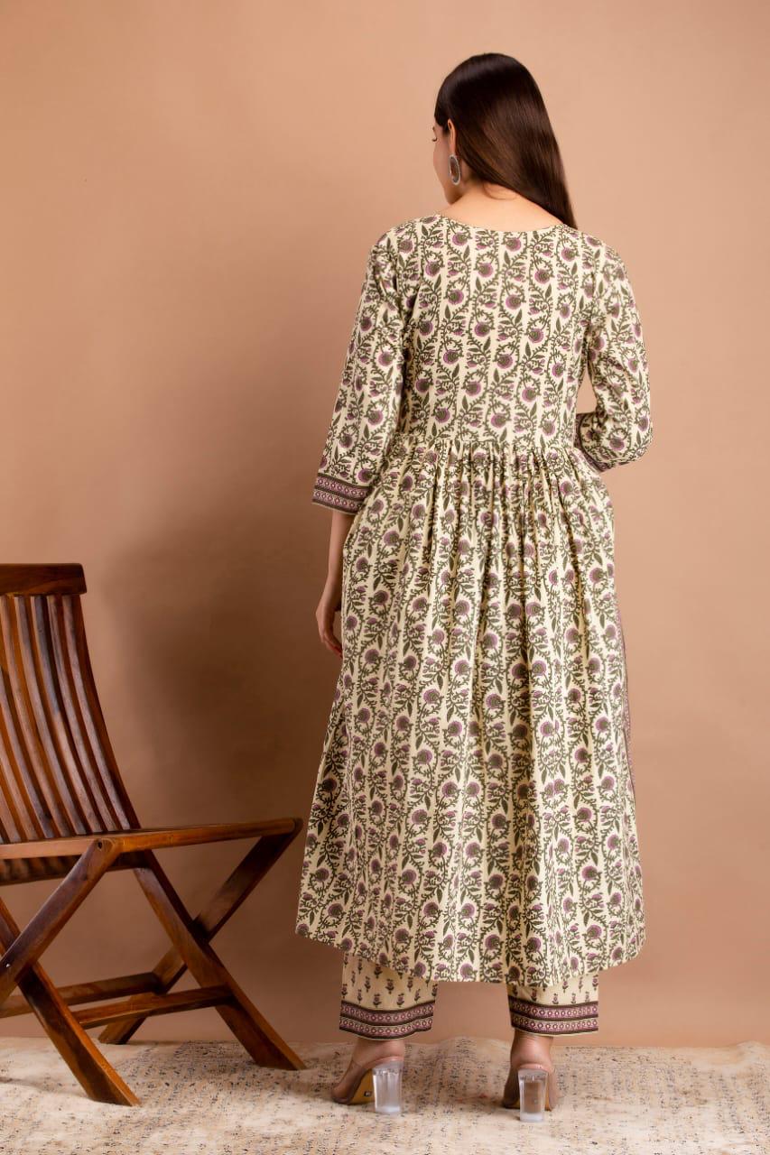 Women's Beautiful Hand Block Print Long Slit Cotton Kurta With Dupatta And Bottomwear