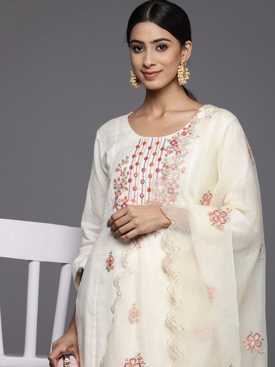 Viscose Rayon White Embroidery Kurta Set With Dupatta Set