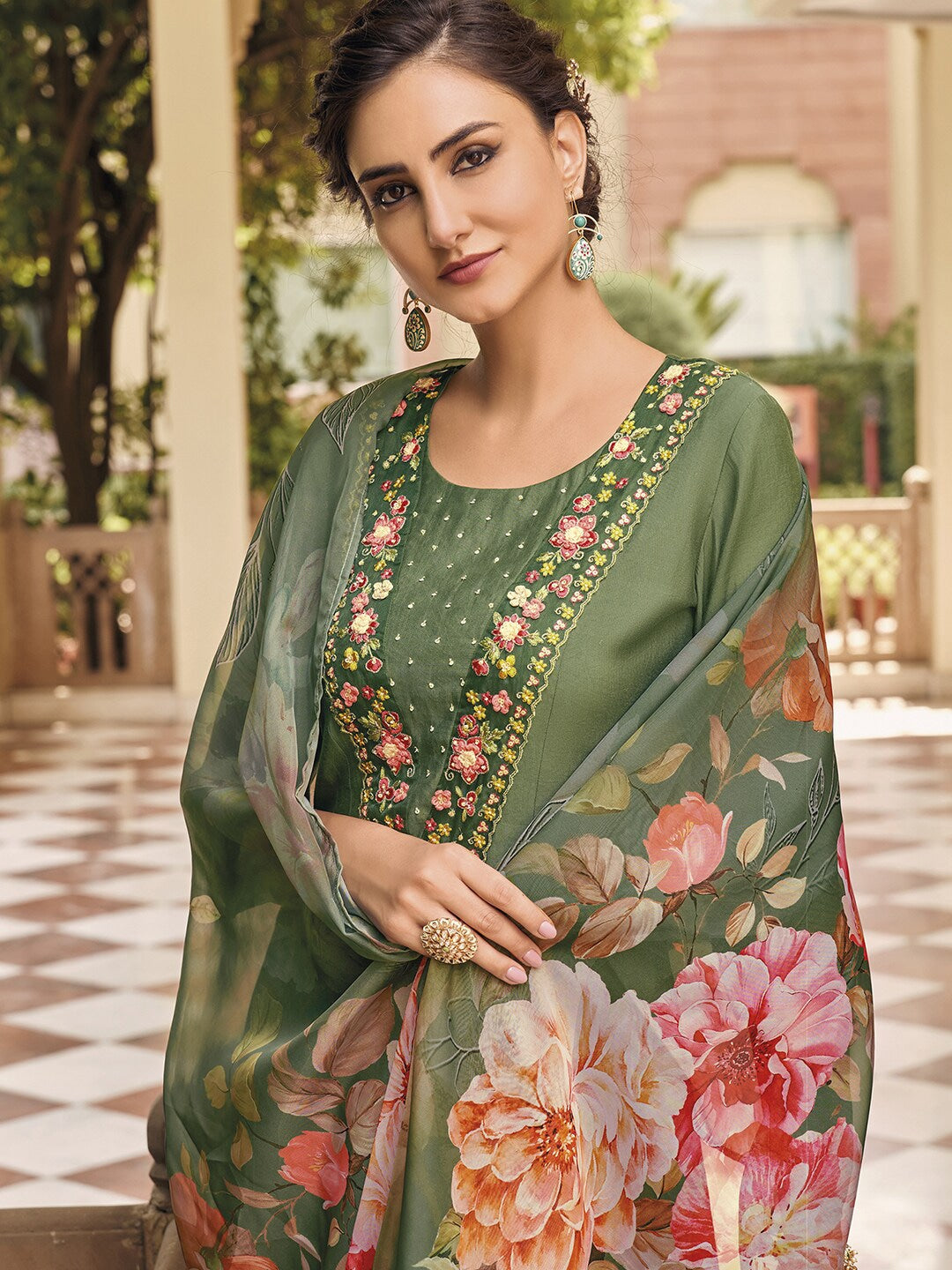 Viscose Rayon Embroidered Kurta With Printed Dupatta Set