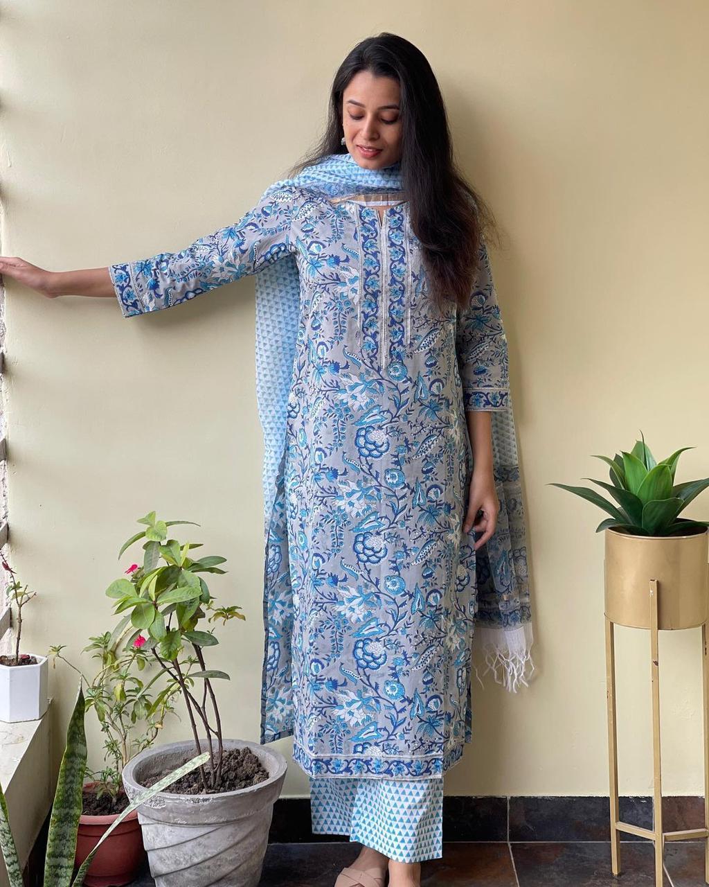 Women's Cotton Printed and Embroidery Work Kurta And Dupatta With Pant