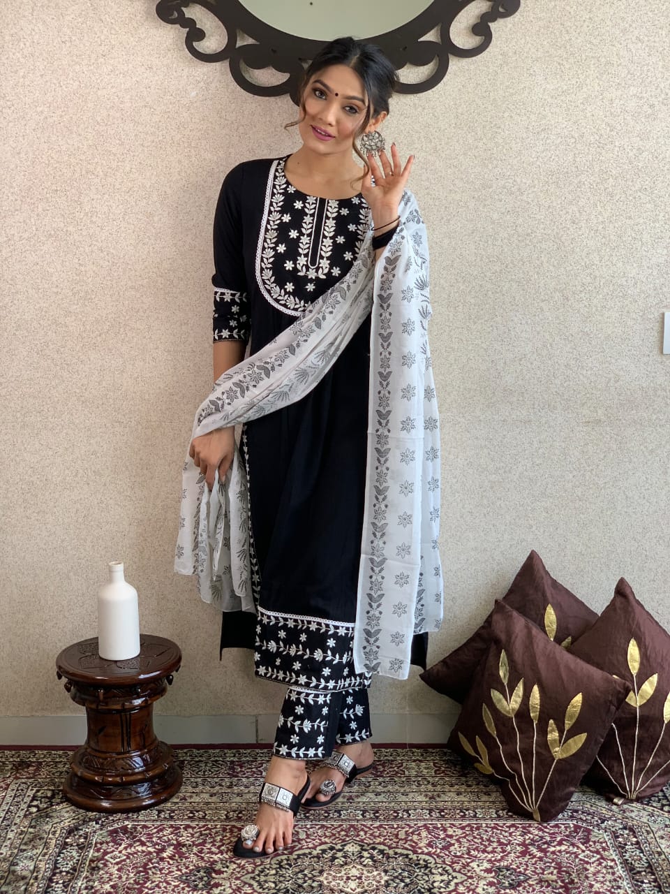 Chikankari Cotton Kurta With Self Hand Embroidery Work And Printed Dupatta Set