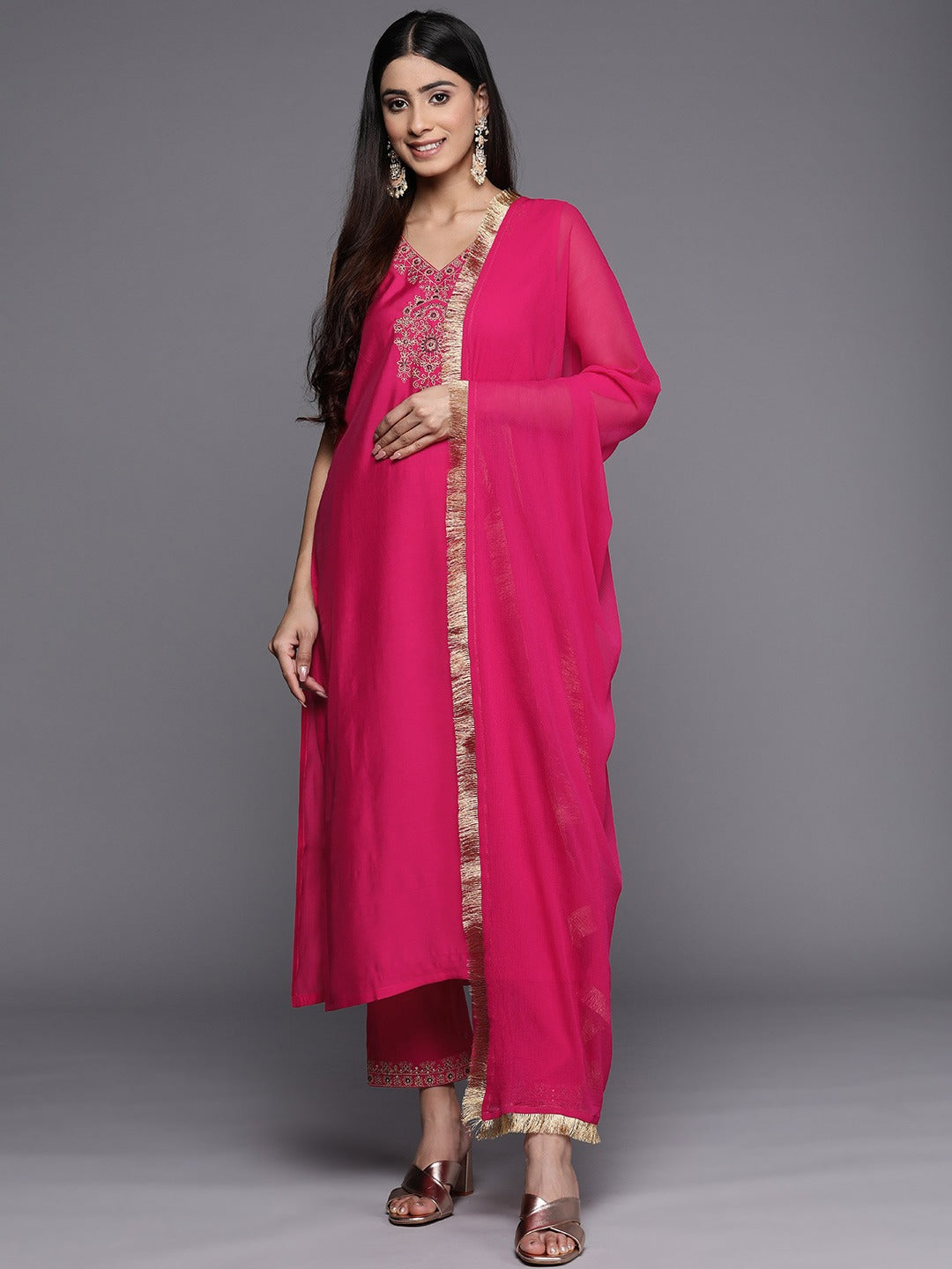 Viscose Rayon Magenta Sequence Embroidery Kurta Set With Dupatta Set