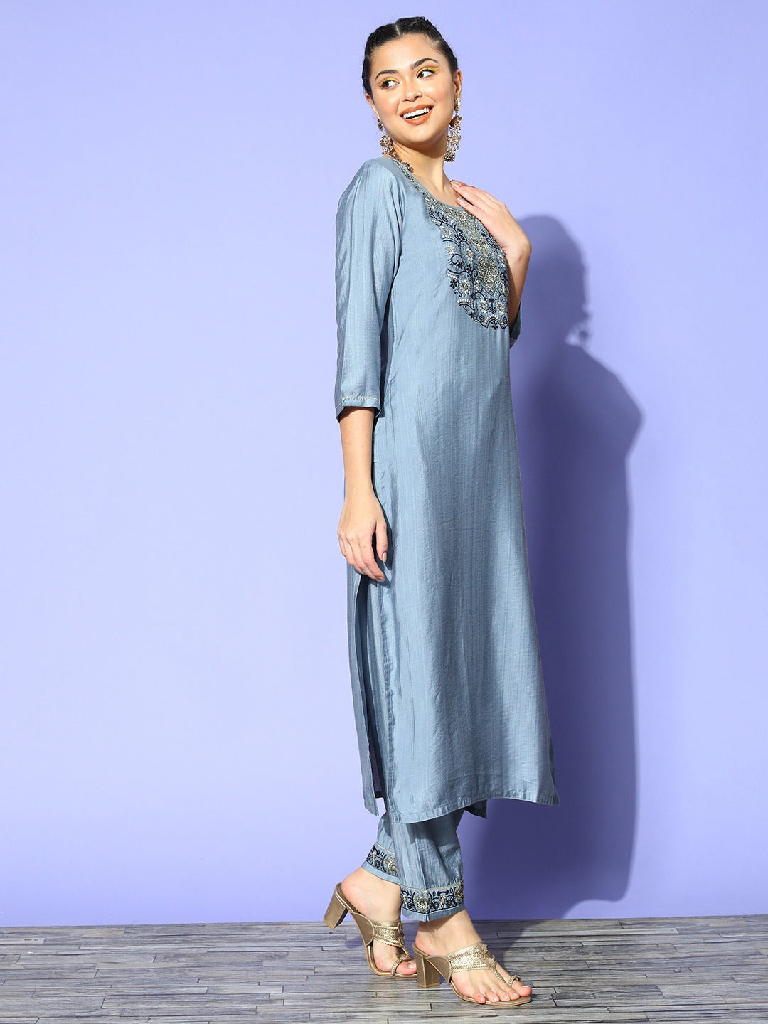 Viscose Rayon Skyblue Embroidery Kurta Set With Dupatta Set