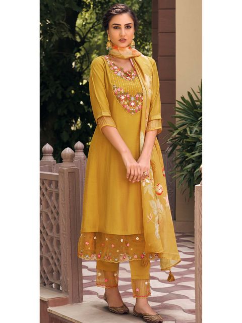 Viscose Rayon Embroidered Kurta With Printed Dupatta Set