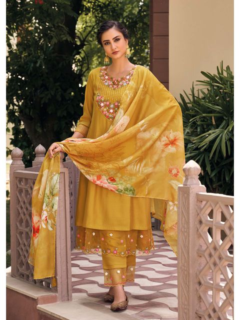 Viscose Rayon Embroidered Kurta With Printed Dupatta Set