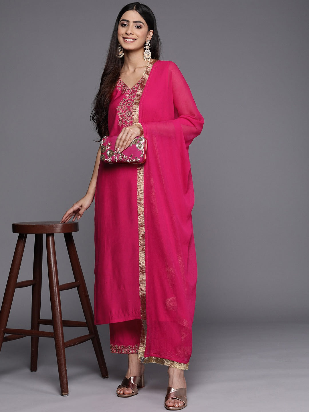 Viscose Rayon Magenta Sequence Embroidery Kurta Set With Dupatta Set