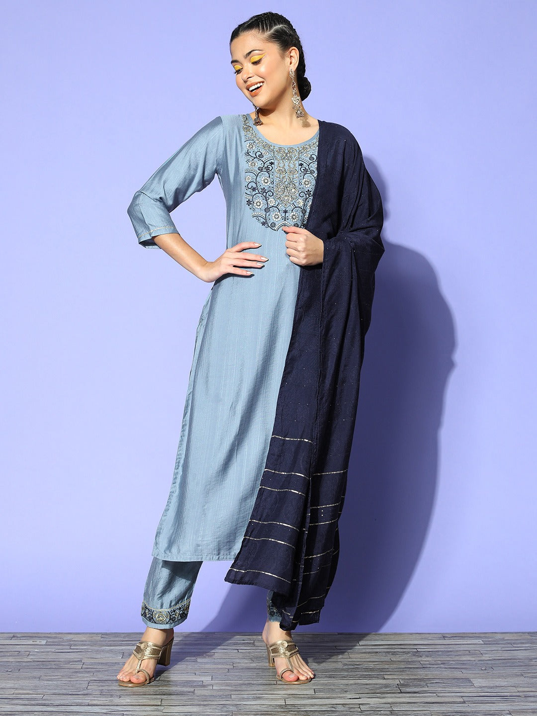 Viscose Rayon Skyblue Embroidery Kurta Set With Dupatta Set