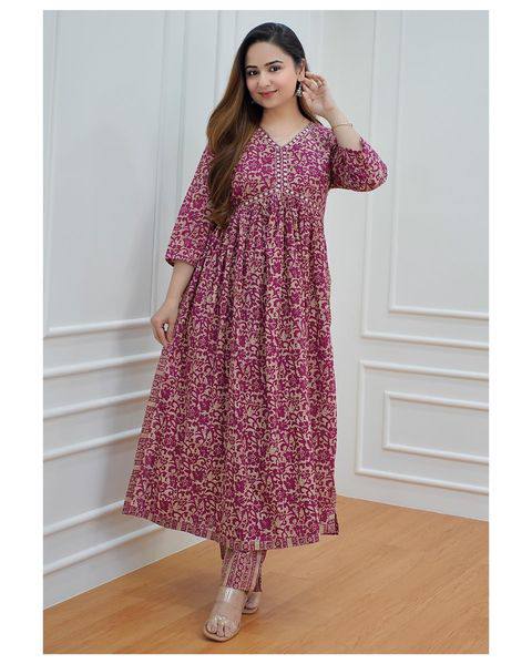 Cotton Printed Wine Kurta With Pant