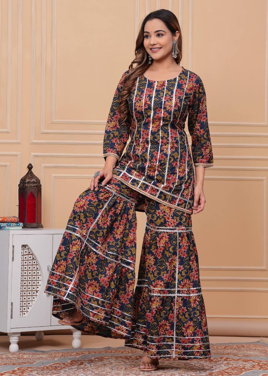 Women Gota pati Embroidered and Printed Cotton Sharara set