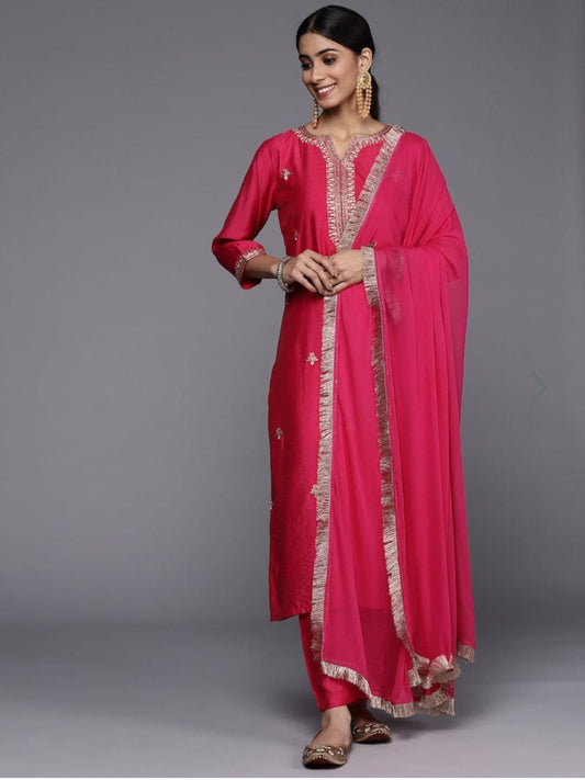 Viscose Magenta Embroidery Kurta Set With Dupatta