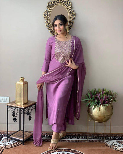 Rayon Embroidered Kurta Set With Dupatta