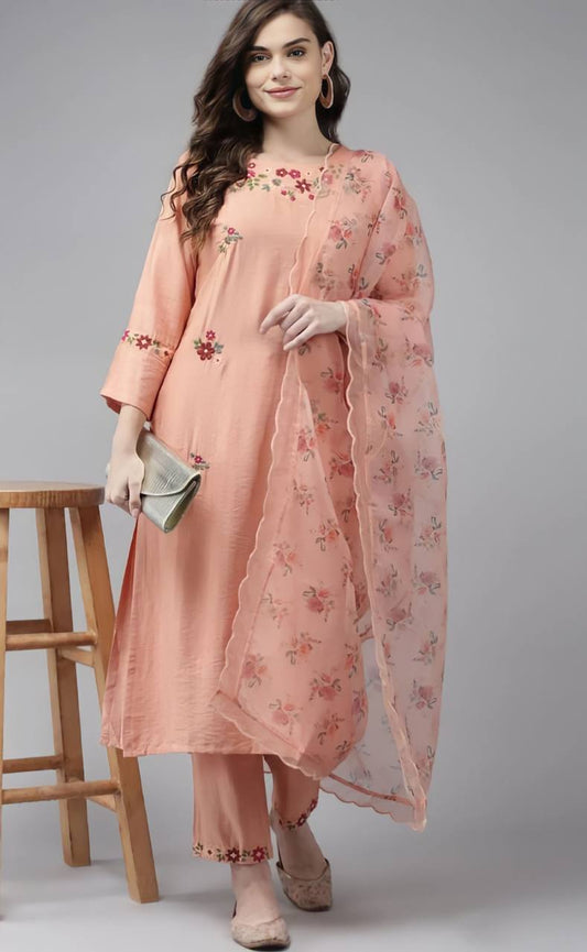 Rayon Slub Peach Embroidery Kurta Set With Printed Dupatta Set