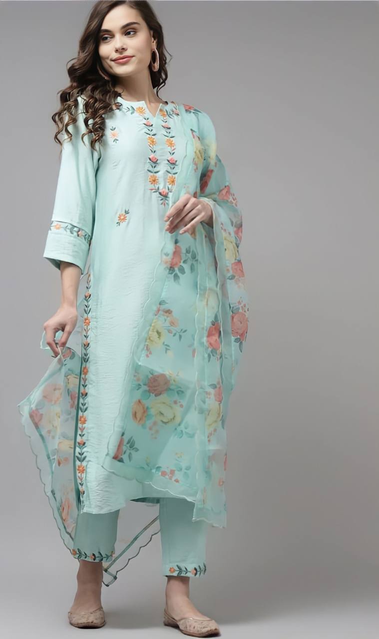 Rayon Slub Sky Blue Embroidered Kurta Set With Printed Dupatta