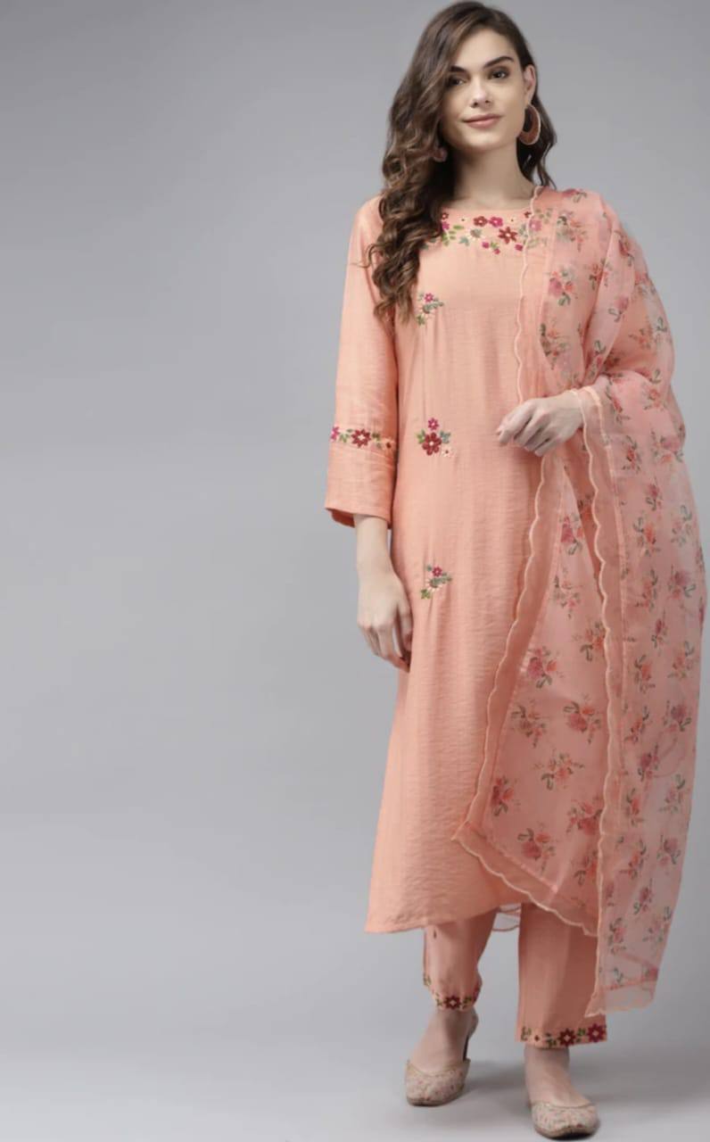 Rayon Slub Peach Embroidery Kurta Set With Printed Dupatta Set