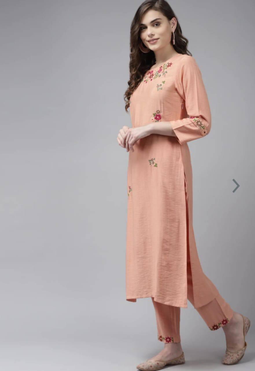 Rayon Slub Peach Embroidery Kurta Set With Printed Dupatta Set