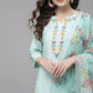 Rayon Slub Sky Blue Embroidered Kurta Set With Printed Dupatta