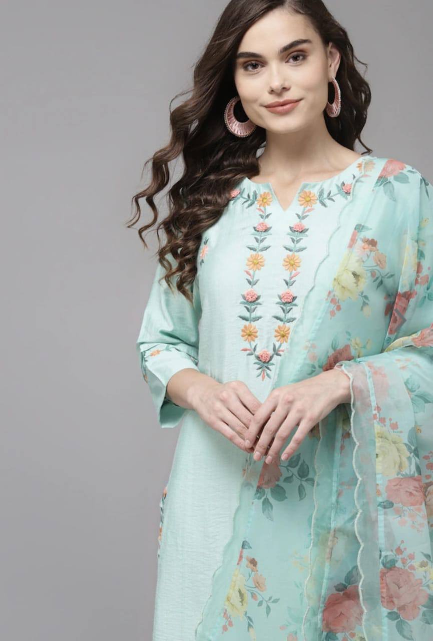 Rayon Slub Sky Blue Embroidered Kurta Set With Printed Dupatta