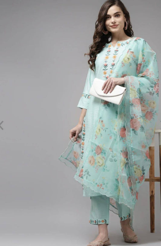 Rayon Slub Sky Blue Embroidered Kurta Set With Printed Dupatta