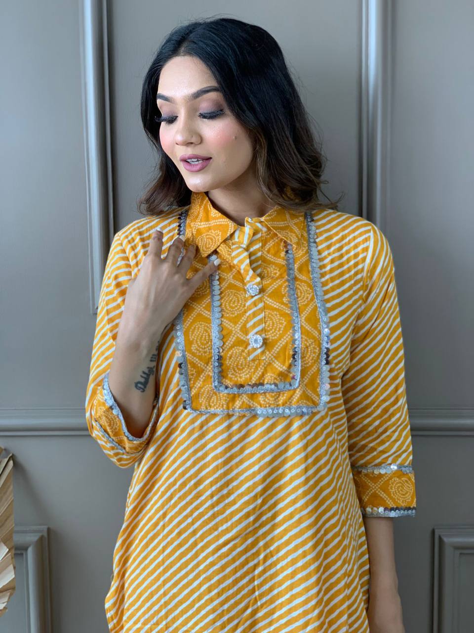 Beautiful Cotton Collar Kurta With Embroidered Lace Work
