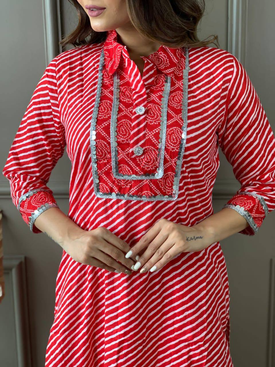 Beautiful Cotton Collar Kurta Set With Embroidered Lace Work