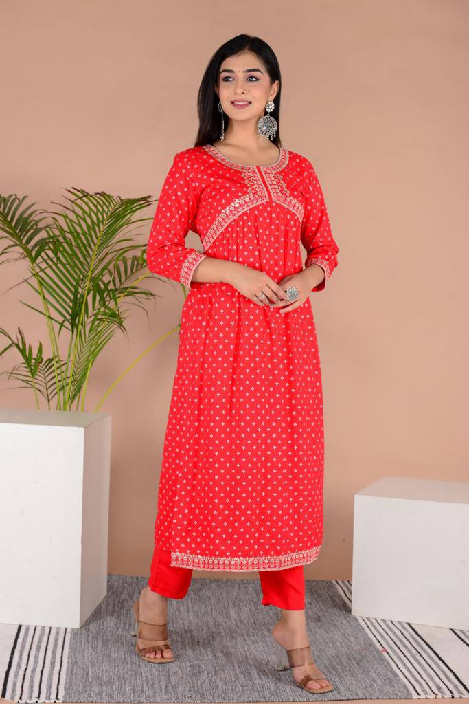 Rayon Fabric Heavy Embroidery Work Kurta Set