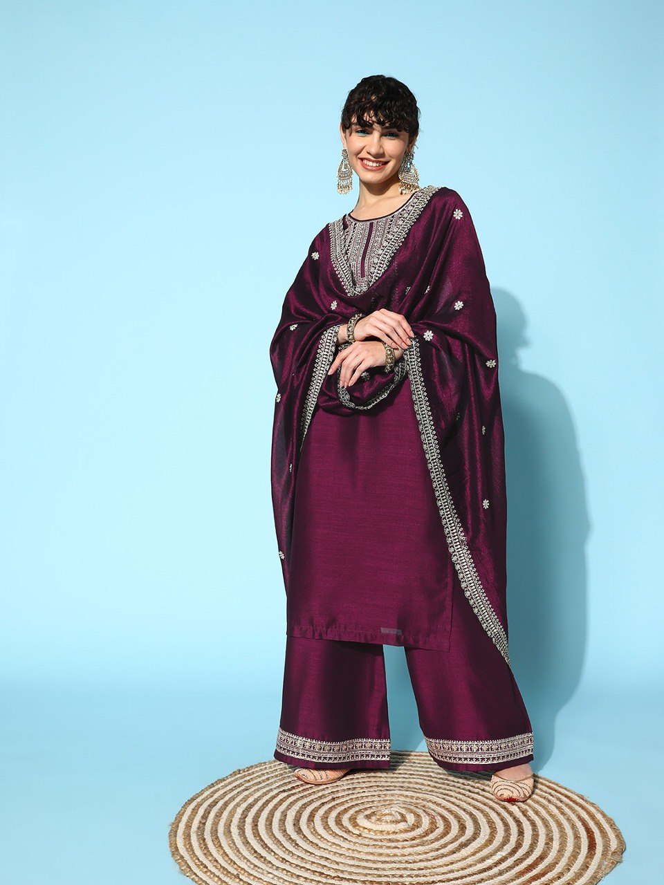 Vichitra Fabric Embroidery Work Kurta Set