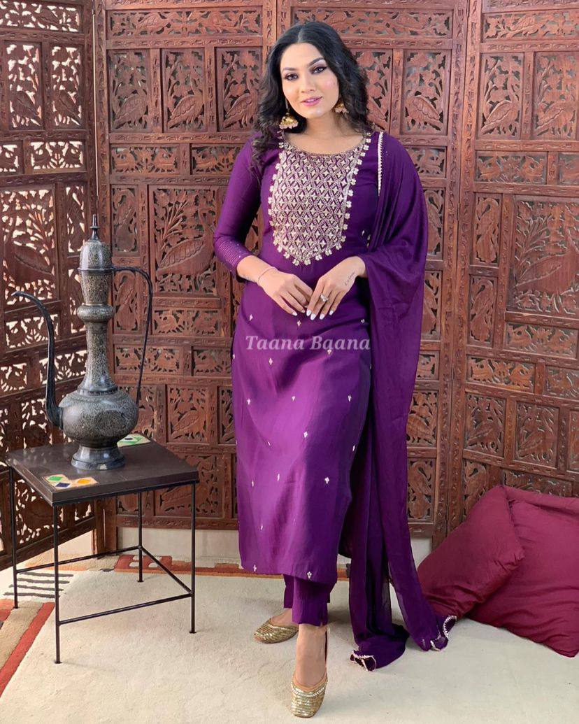 Rayon Embroidered Kurta Set With Dupatta