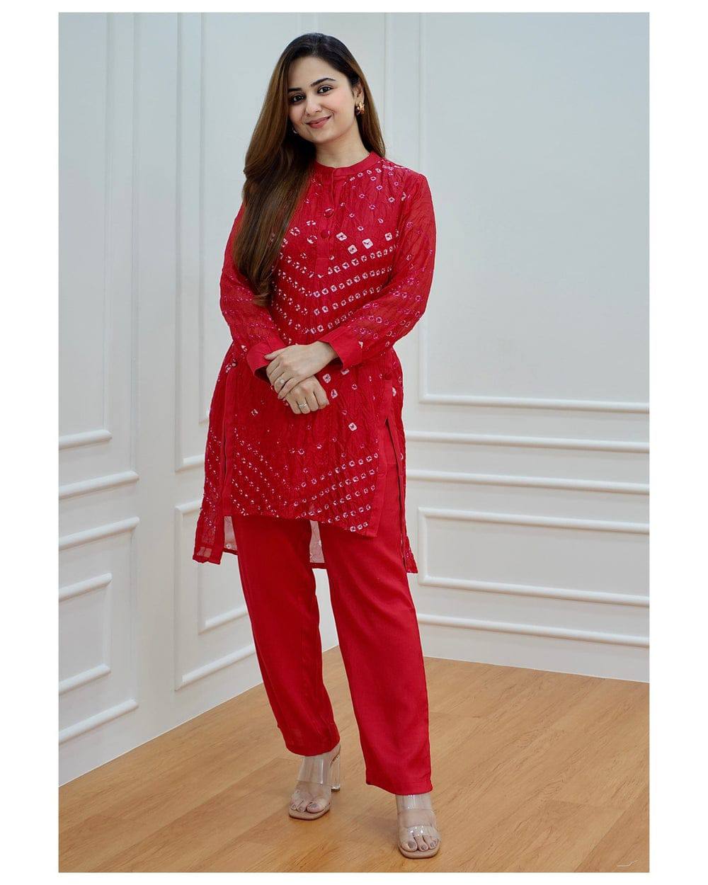 Tafeta Silk Bandhej Co-Ord Kurta Set