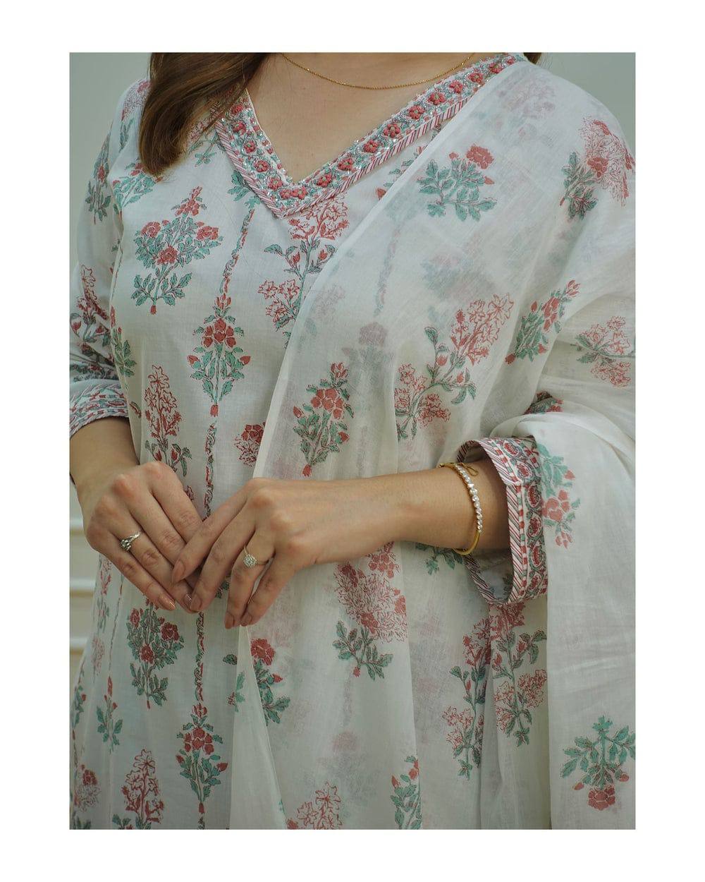 Pure Cotton Embroidered Kurta With Printed Dupatta Set