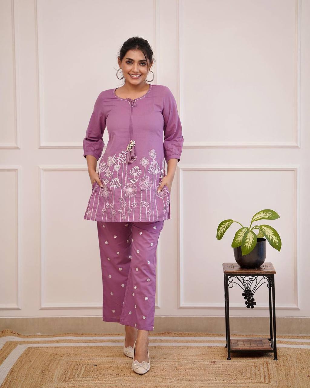 Pink Cotton Embroidered Short Kurta Top With Pant