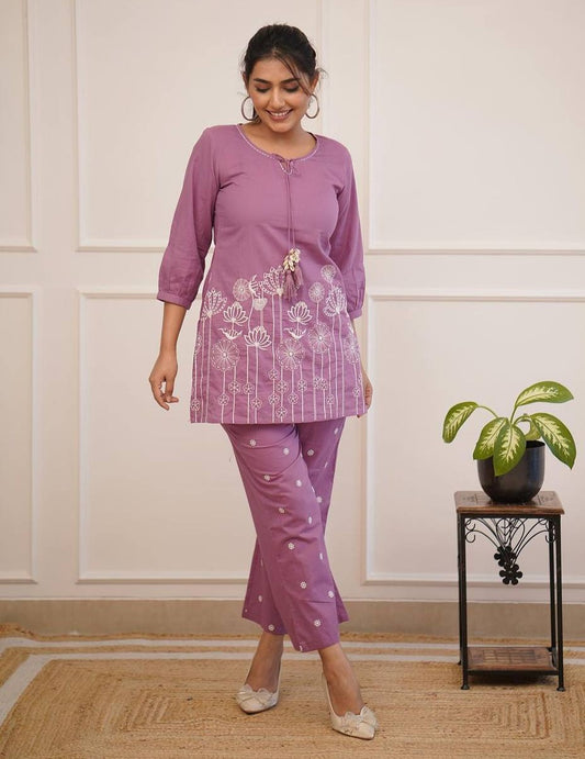 Pink Cotton Embroidered Short Kurta Top With Pant